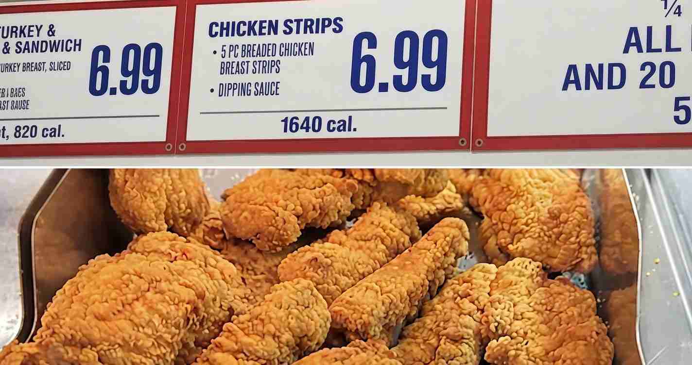 Basket of crispy fried chicken pieces in a metal warming case beneath red-framed menu boards advertising chicken strips for 6.99 and 1640 cal.