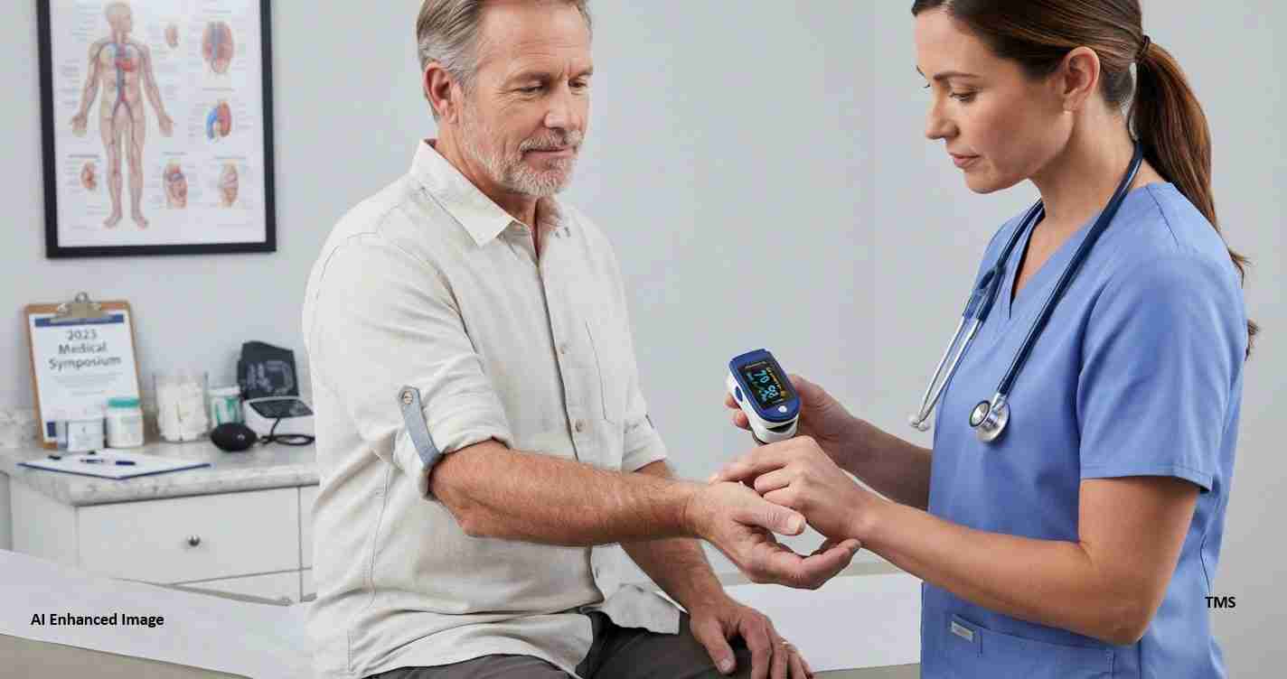 Nurse in blue scrubs checks a man's blood pressure using a cuff and handheld monitor in a clinic setting.