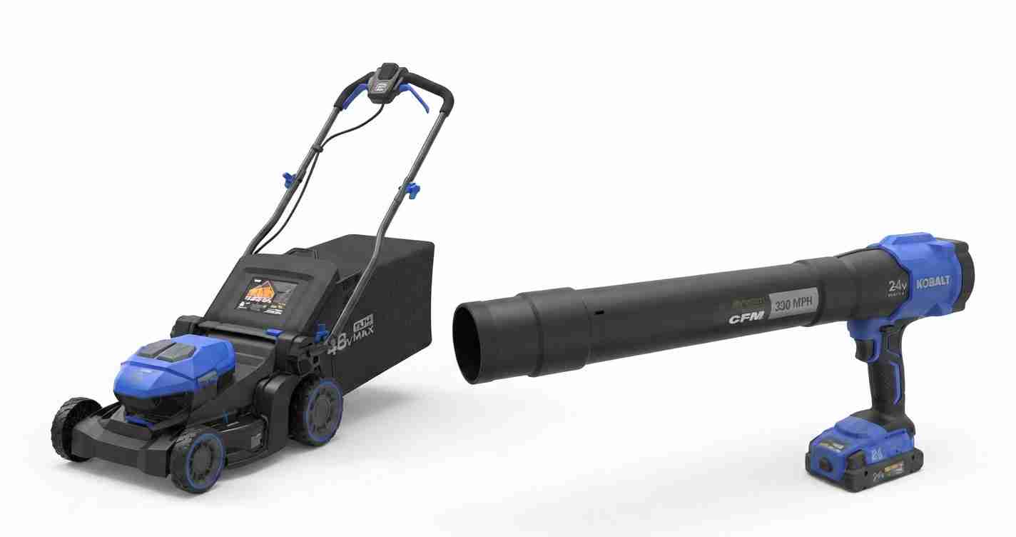 Cordless lawn mower connected to a long leaf-blower tube with a blue battery pack on the end of the handle system.
