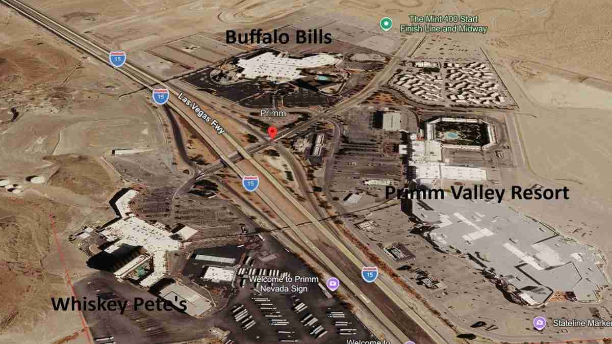 Satellite view of Primm, Nevada, showing Whiskey Pete's, Primm Valley Resort, and I-15 along with surrounding desert terrain