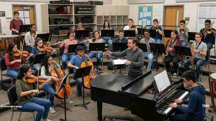 Conductor leads a school band rehearsal in a classroom; strings and wind players seated, piano in front.